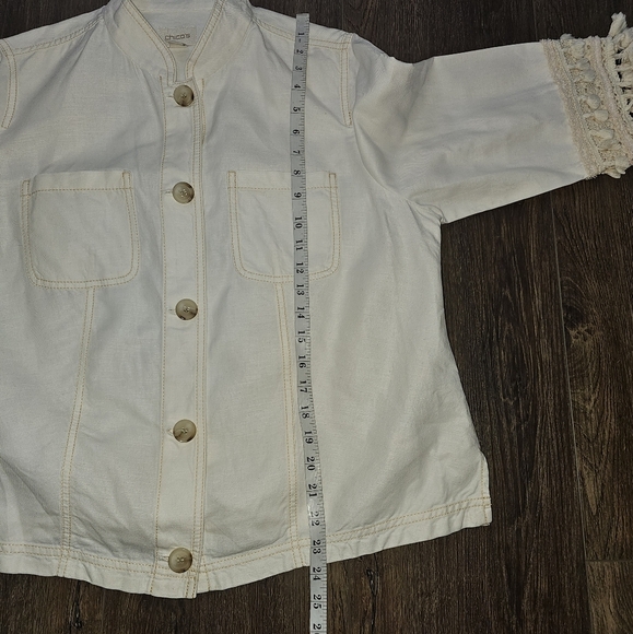 Chicos Cream Button-Up Jacket with Fringe Sz 2 Boho Hippie Utility Spring - Picture 11 of 13